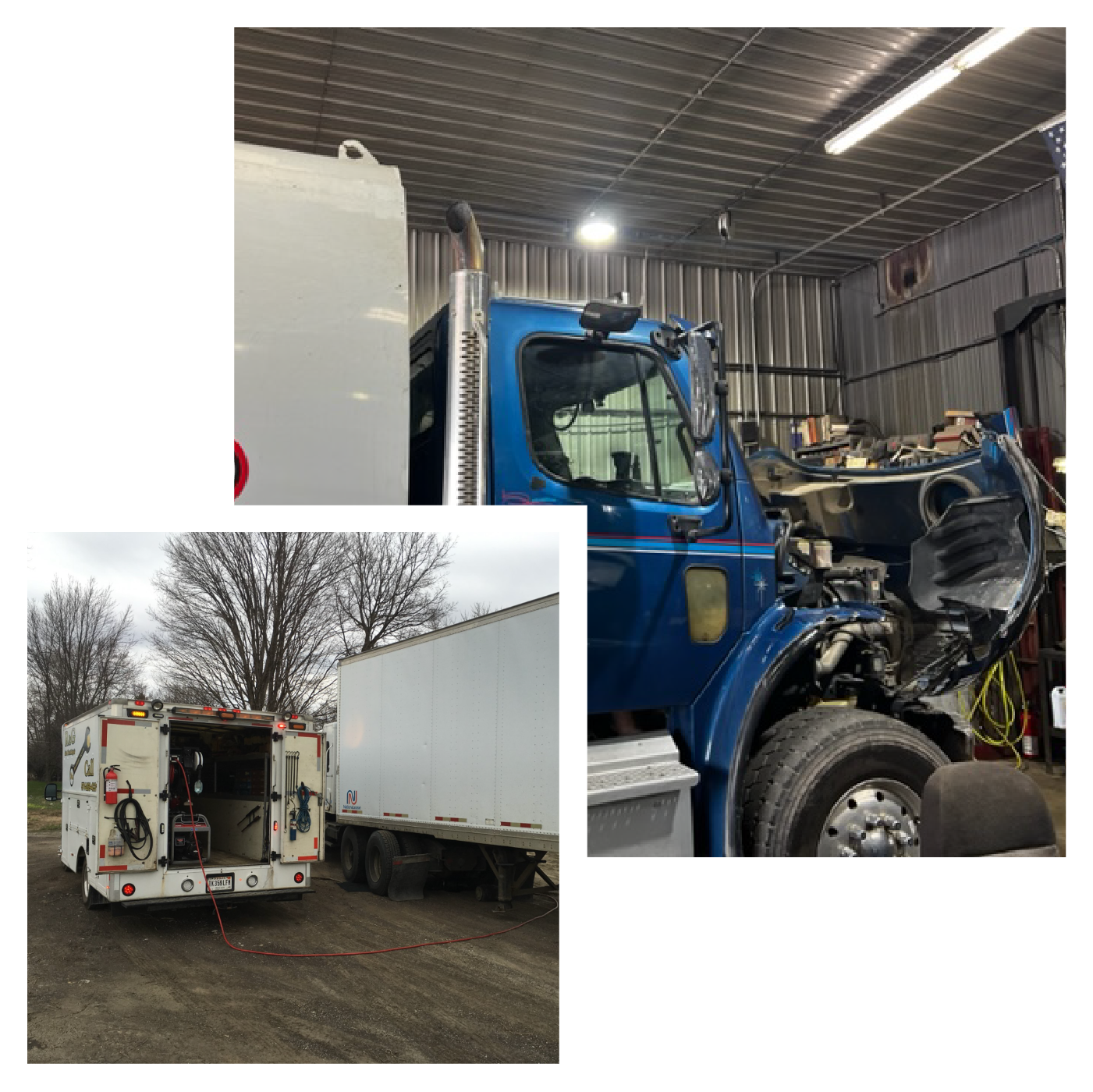 A blue box truck with its hood open in the R&G shop, and an R&G service truck working beside a trailer