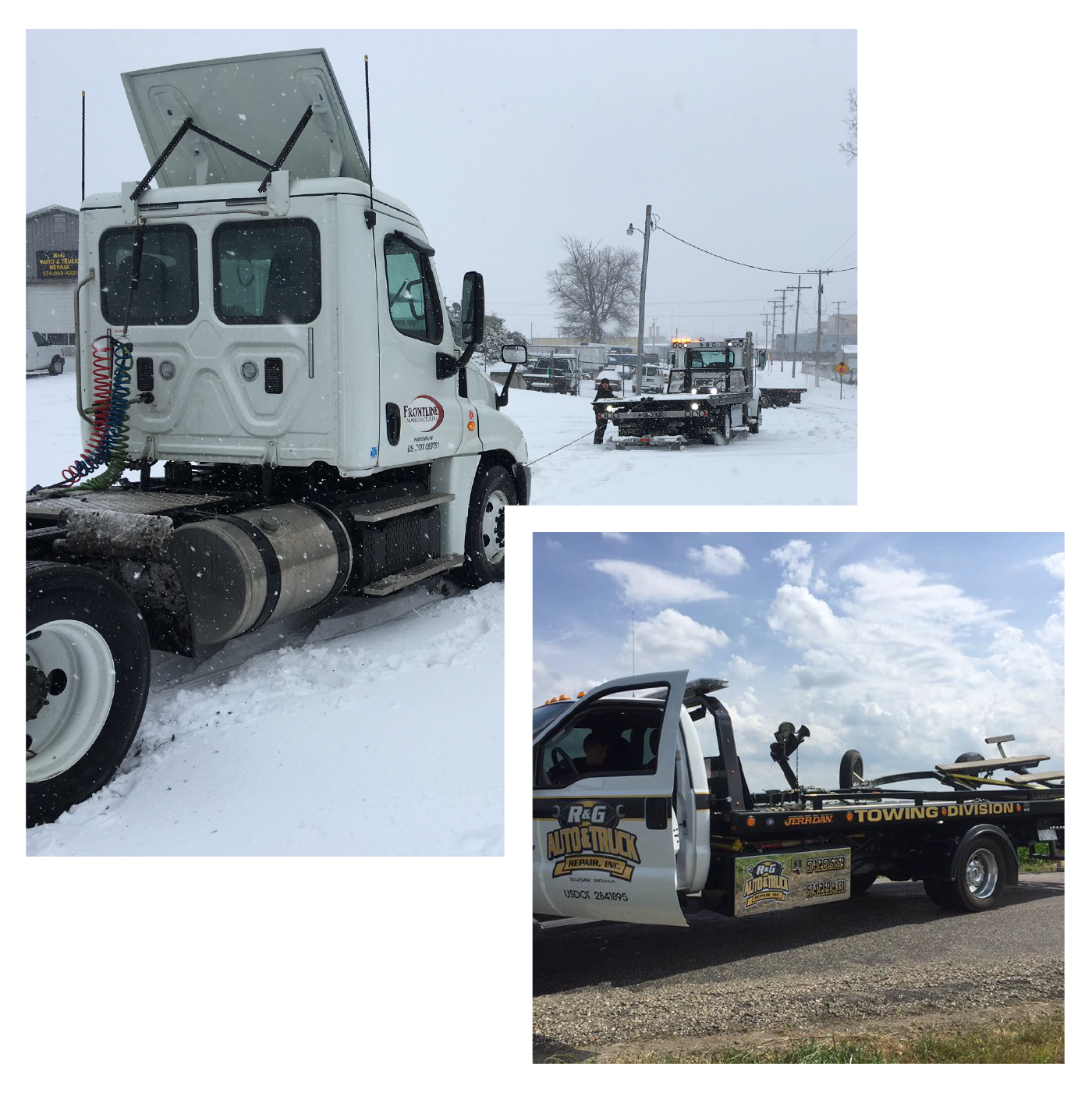 An R&G tow truck pulling a stuck semi tractor out of the snow, and an R&G flatbed tow truck on the road