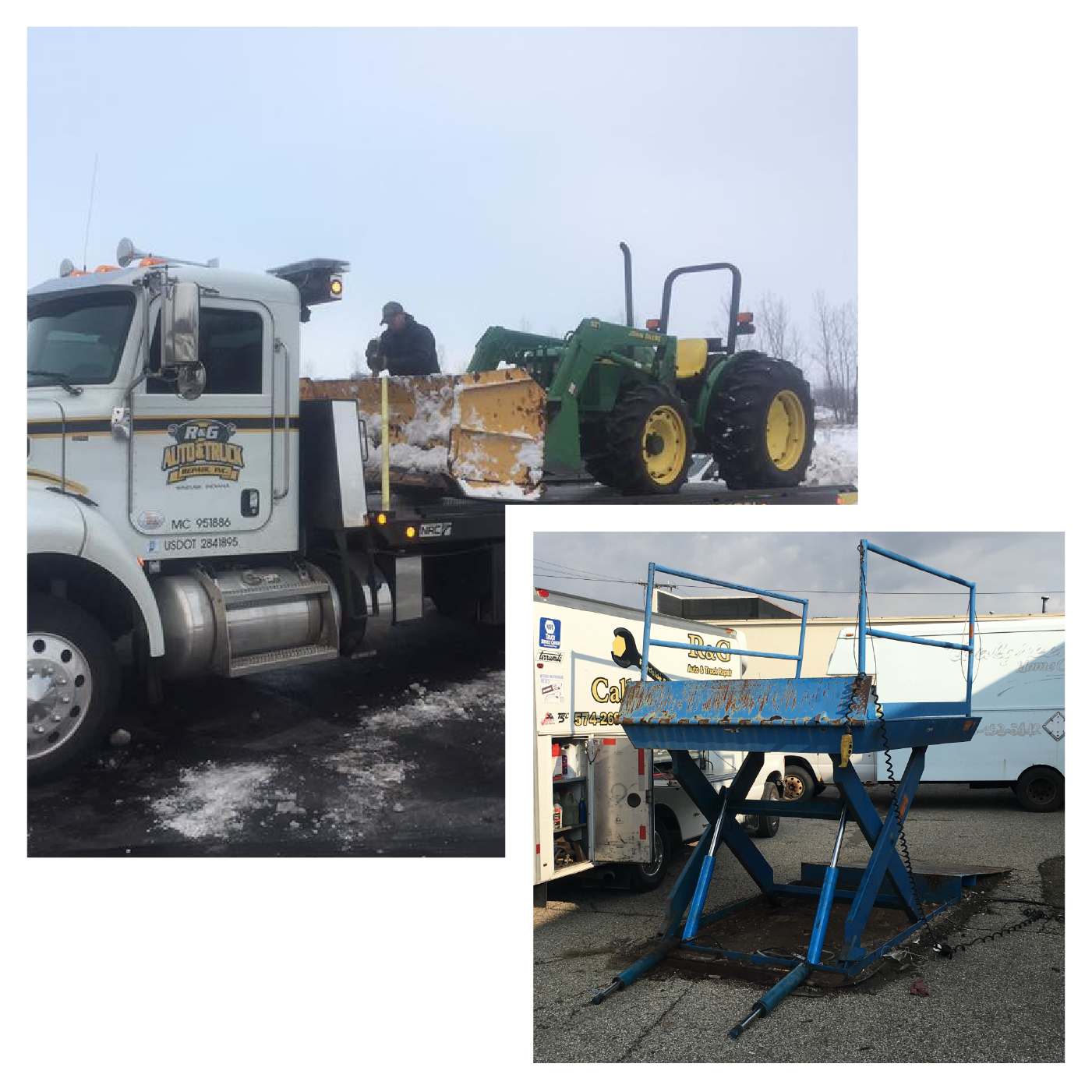 An R&G tow truck hauling a tractor with a snow plow, and a blue hydraulic lift table outside the shop